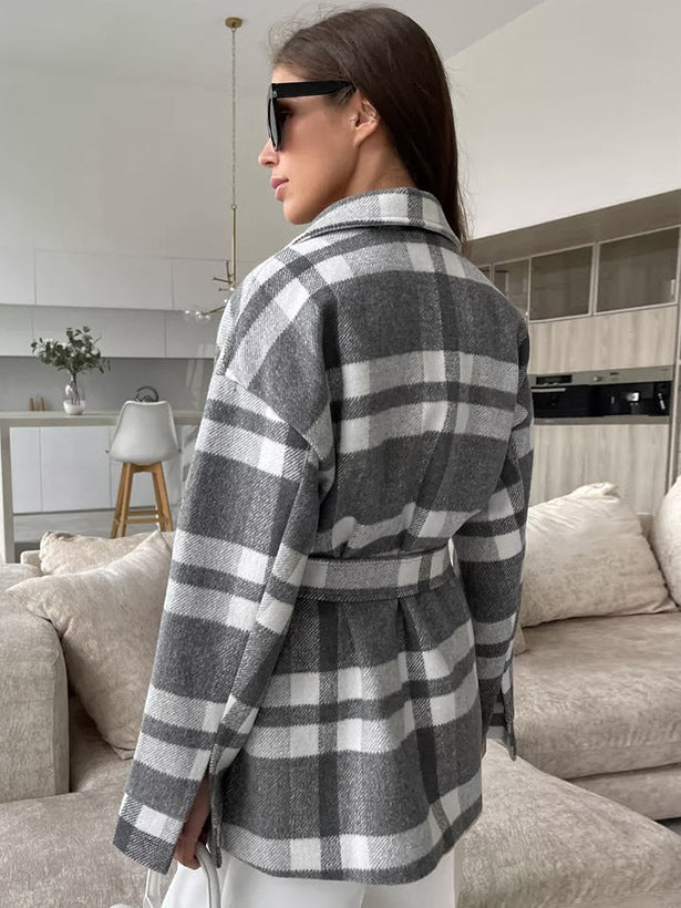 New autumn and winter plaid loose lapel tie woolen coat