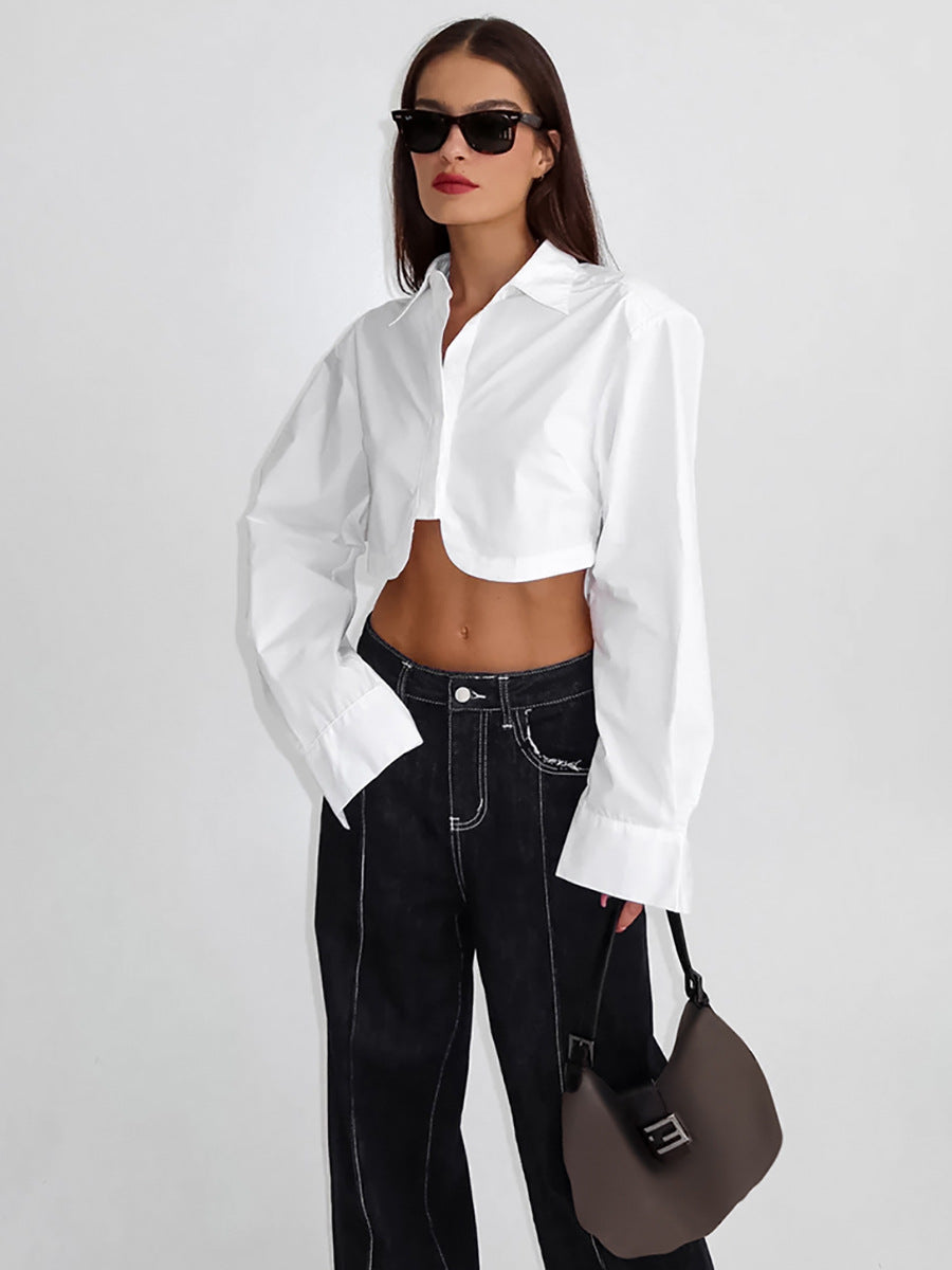 White lapel sexy belly button-down long sleeve shirt