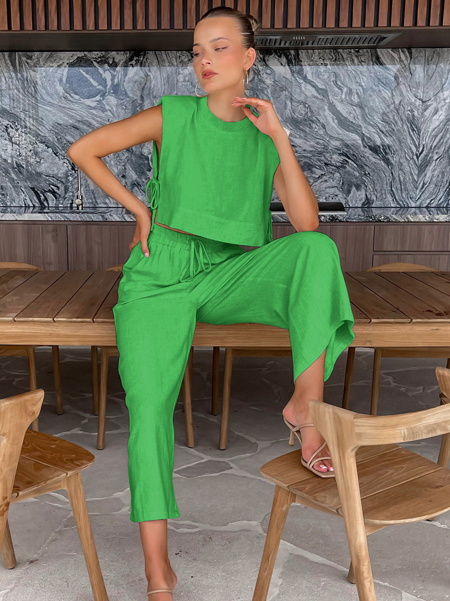 New style shoulder pad sleeveless top and trousers two-piece suit
