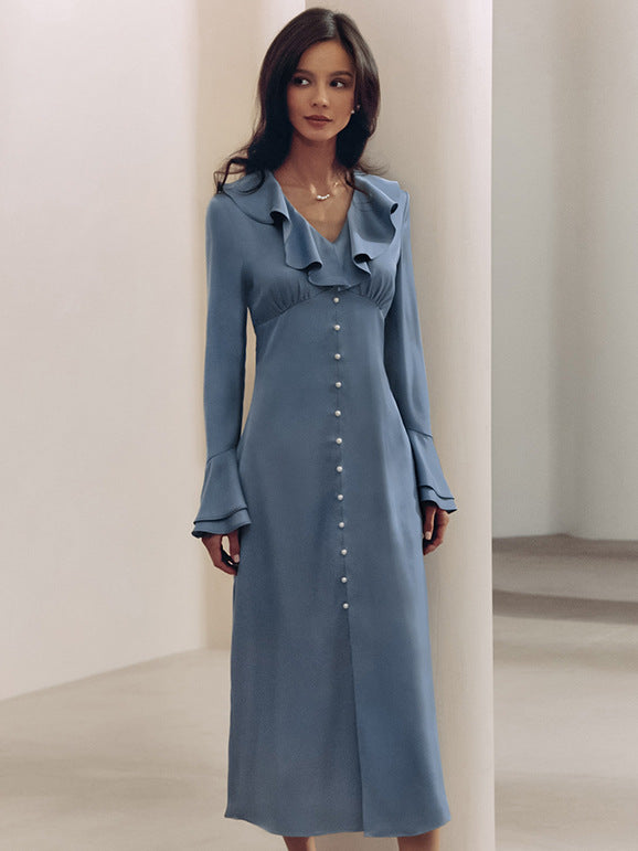 V-neck flared sleeve high waist ruffle dress