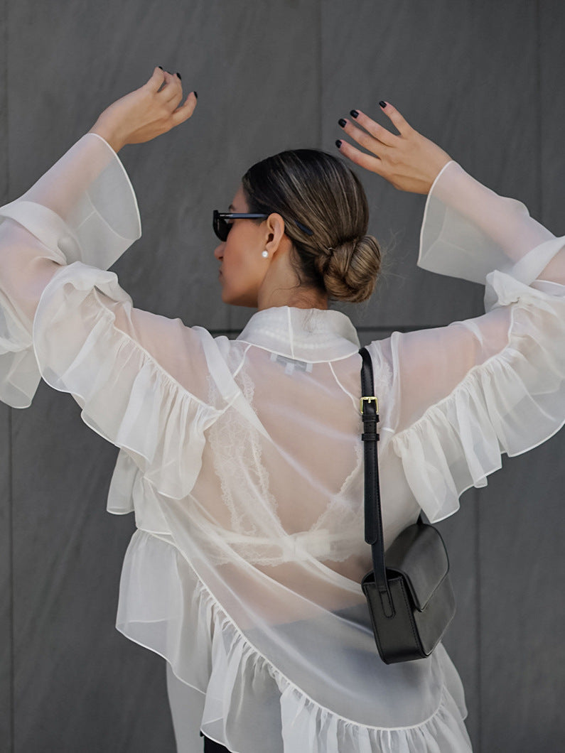 French spring and summer new style ruffled ribbon Tencel shirt