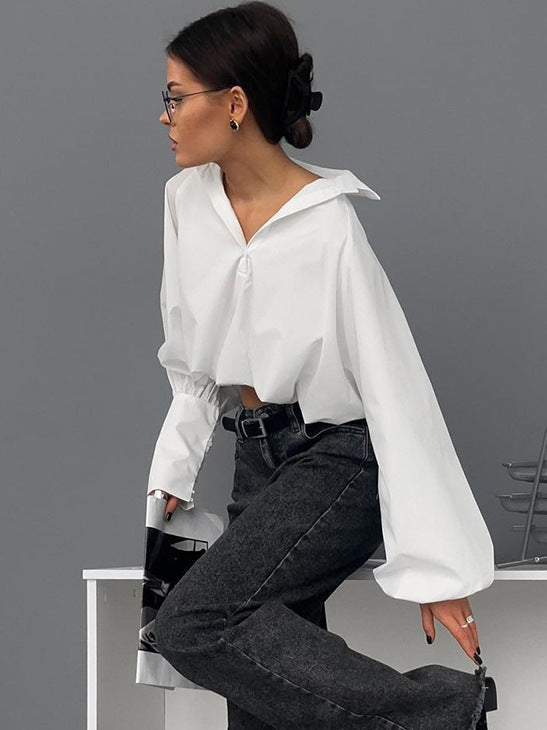 White lapel sexy navel-baring design asymmetric sleeve shirt