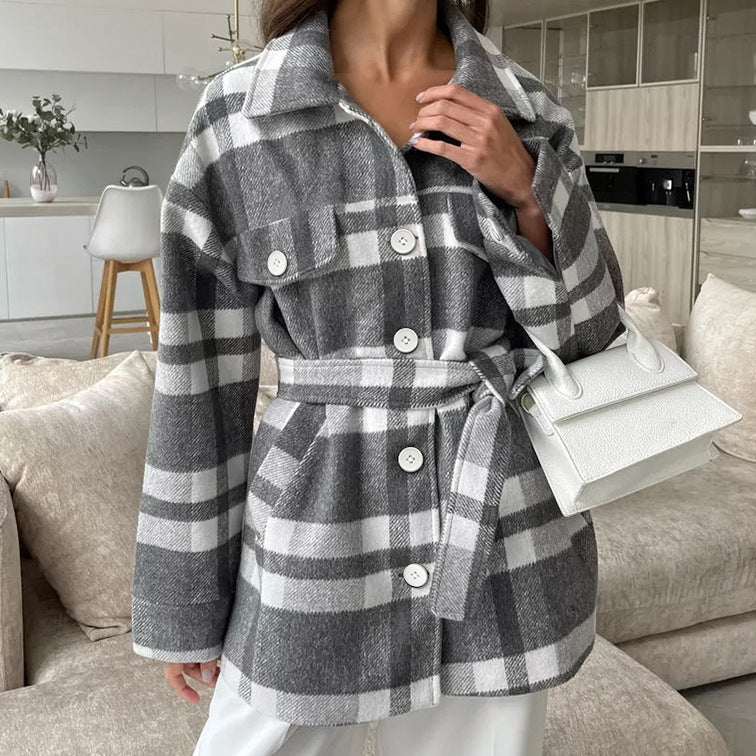 New autumn and winter plaid loose lapel tie woolen coat