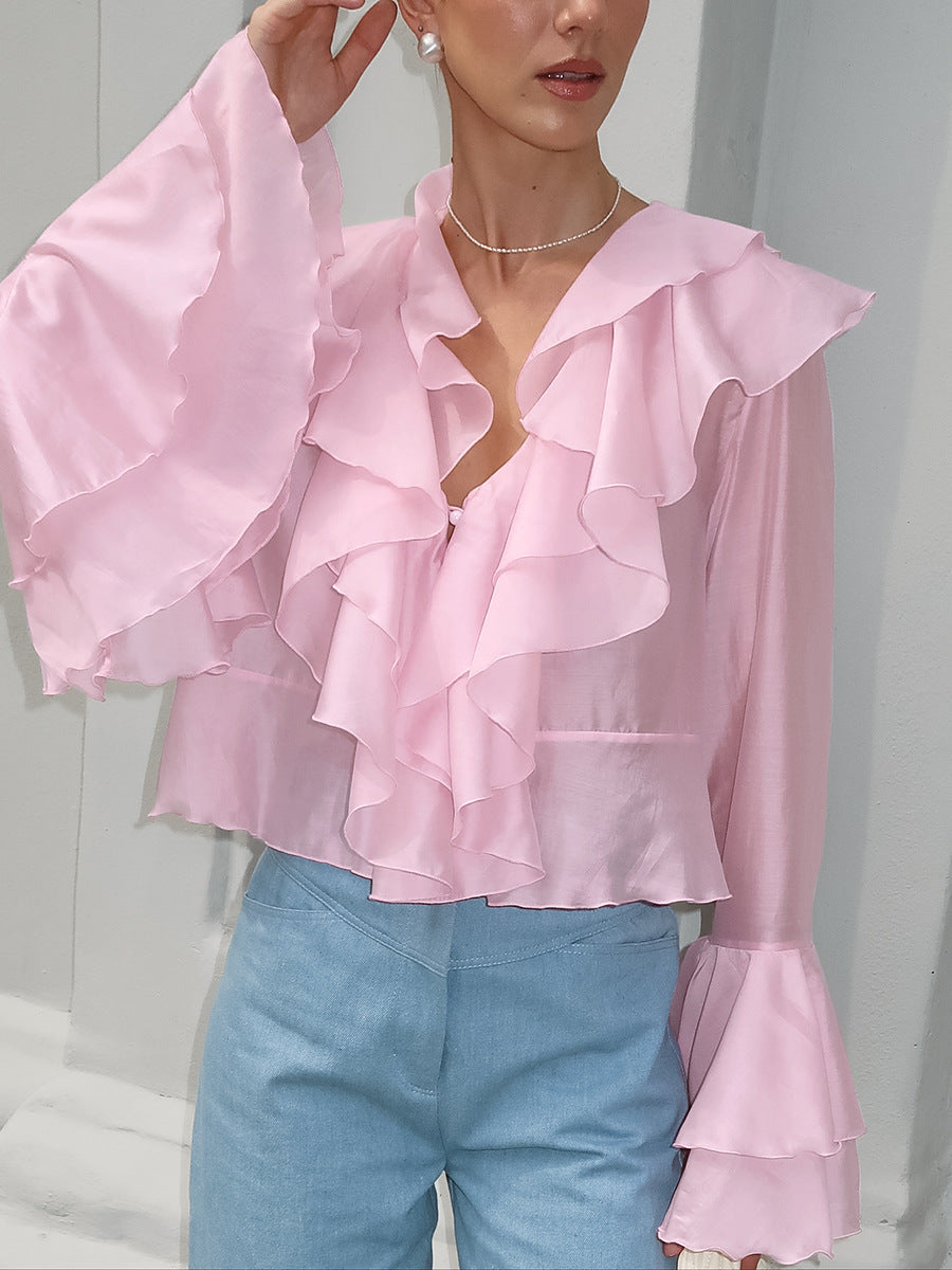 Summer Charm Pink Chiffon Sun Protection Clothes Temperament Layered Ruffles V-Neck Trumpet Sleeve Short Ladies Shirt