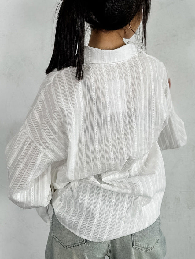 French Raglan Jacquard Trumpet Sleeve Lapel Tie Blouse