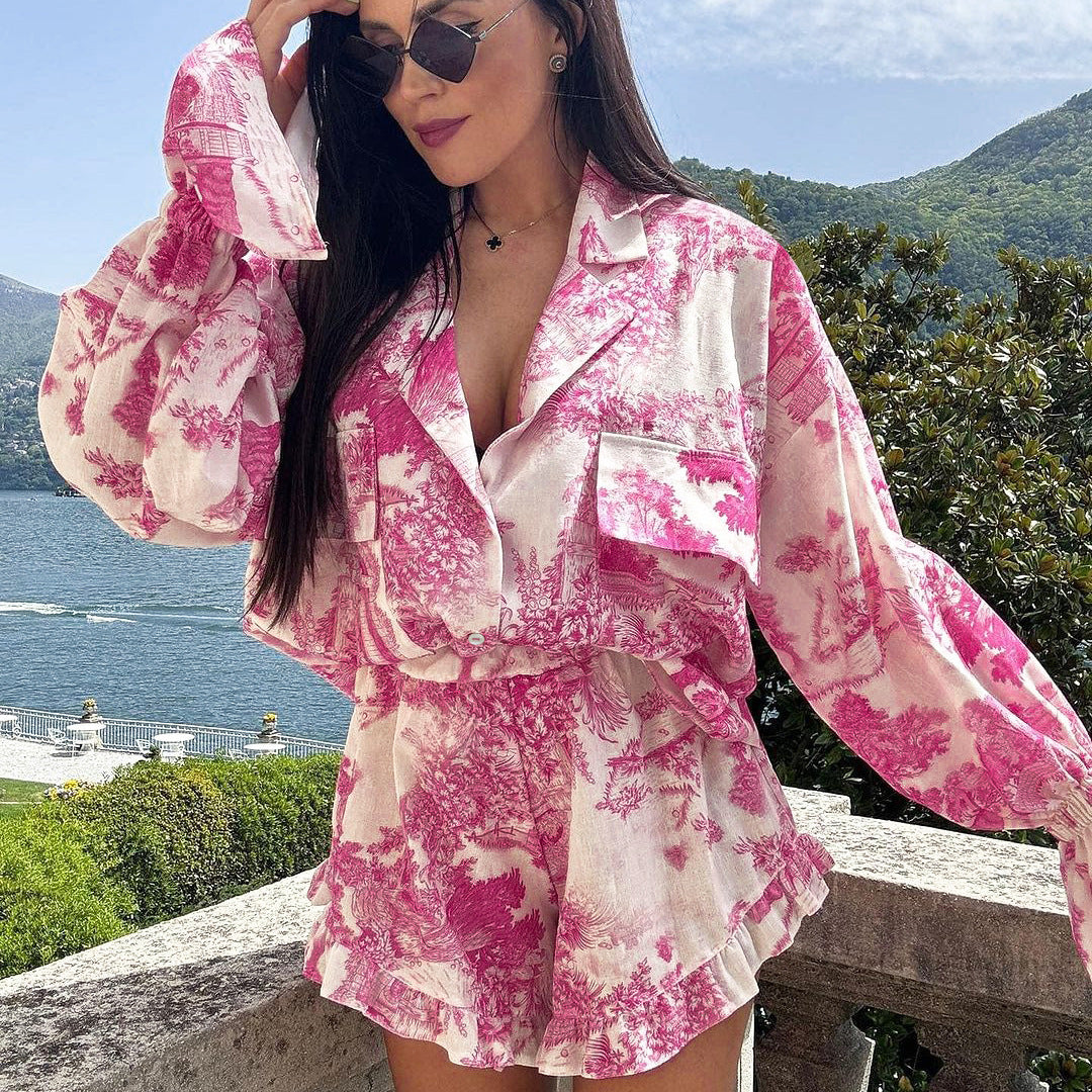 New Chinese style printed ruffled casual suit