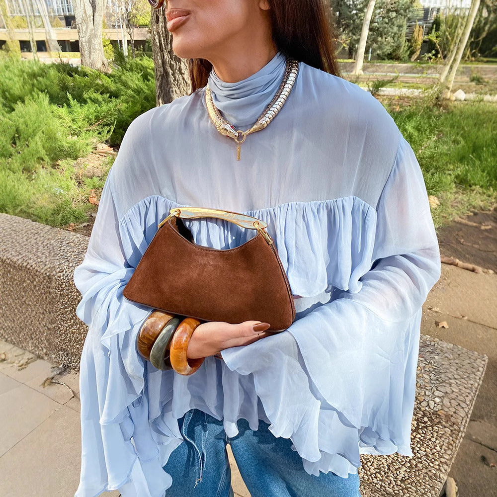 Blue high collar temperament trumpet sleeve ruffled ladies shirt