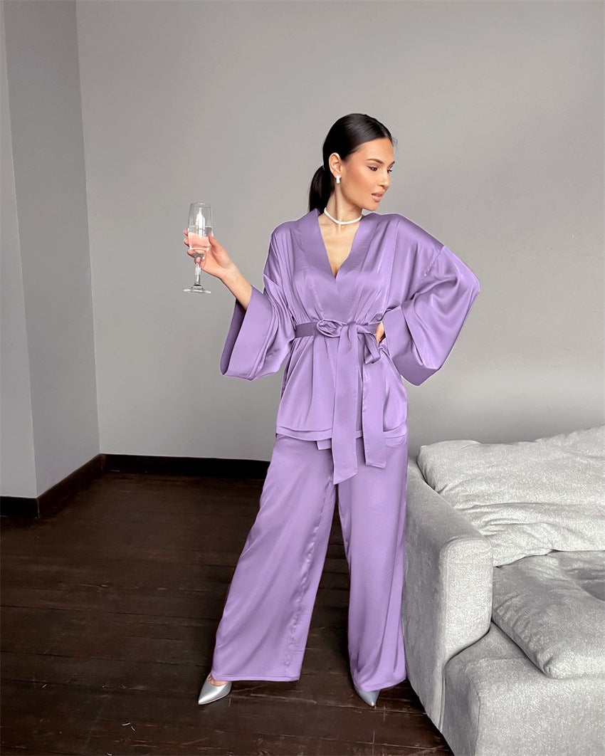 New Satin Long Sleeve Cardigan Lace-Up Nightgown