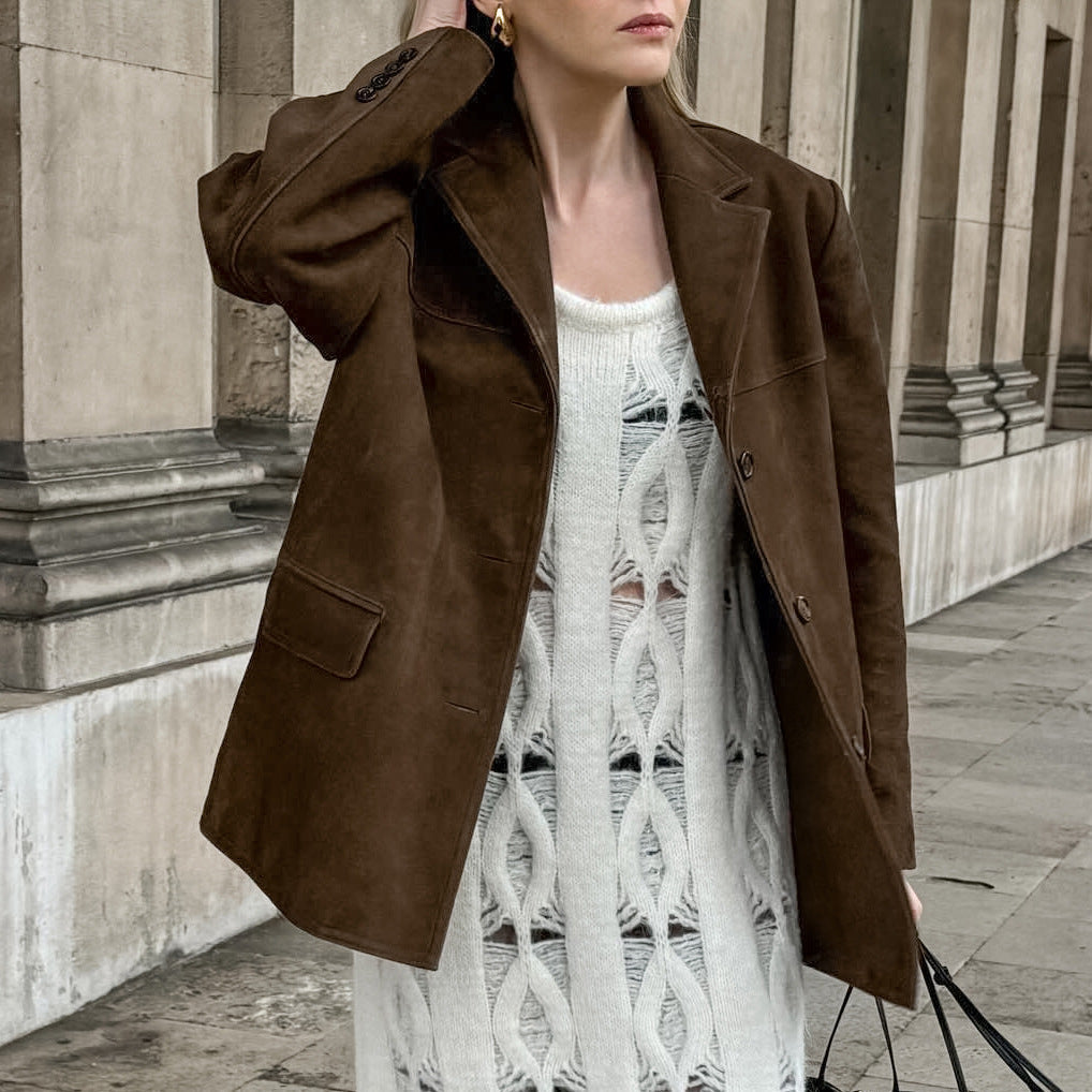 Brown frosted suede retro collar loose suede jacket