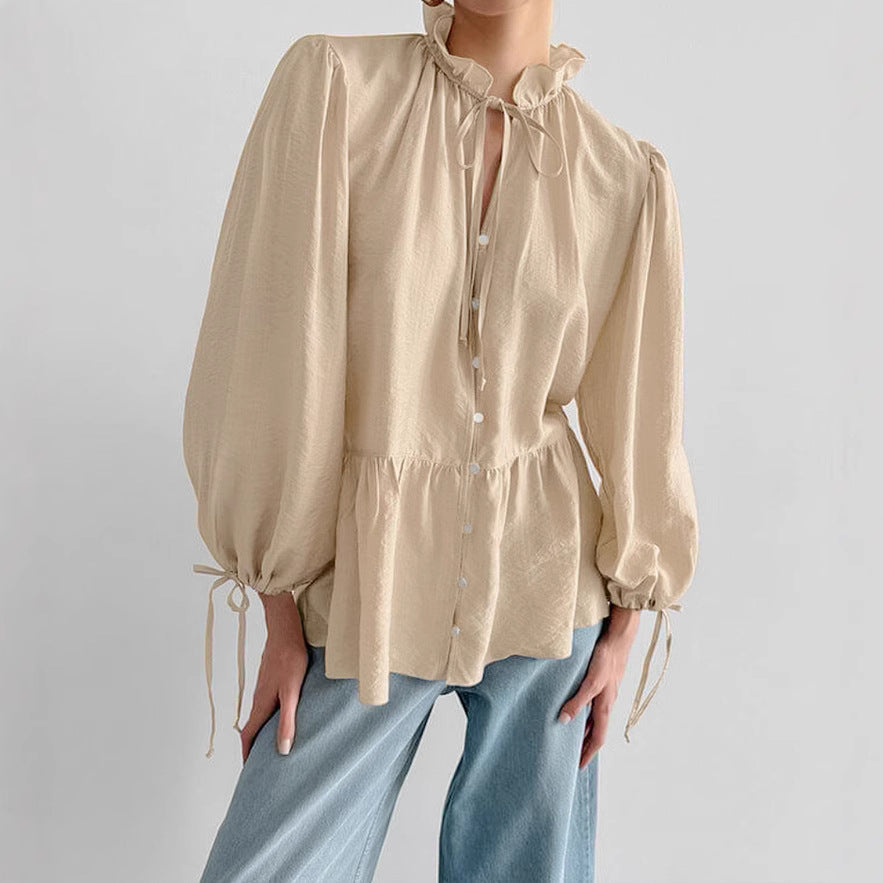 French crinkle loose small stand collar puff sleeve women's shirt