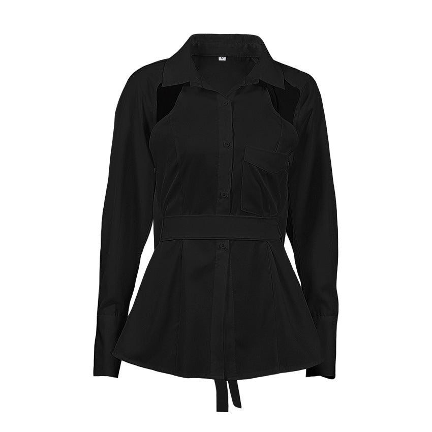 Waist-length open-back hollow tie shirt top