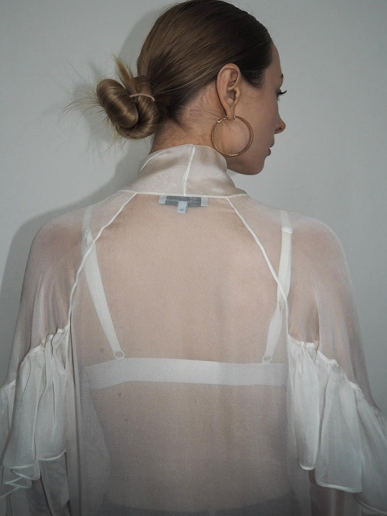 French spring and summer new style ruffled ribbon Tencel shirt