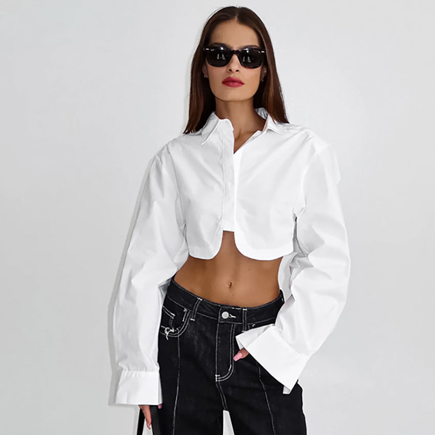 White lapel sexy belly button-down long sleeve shirt