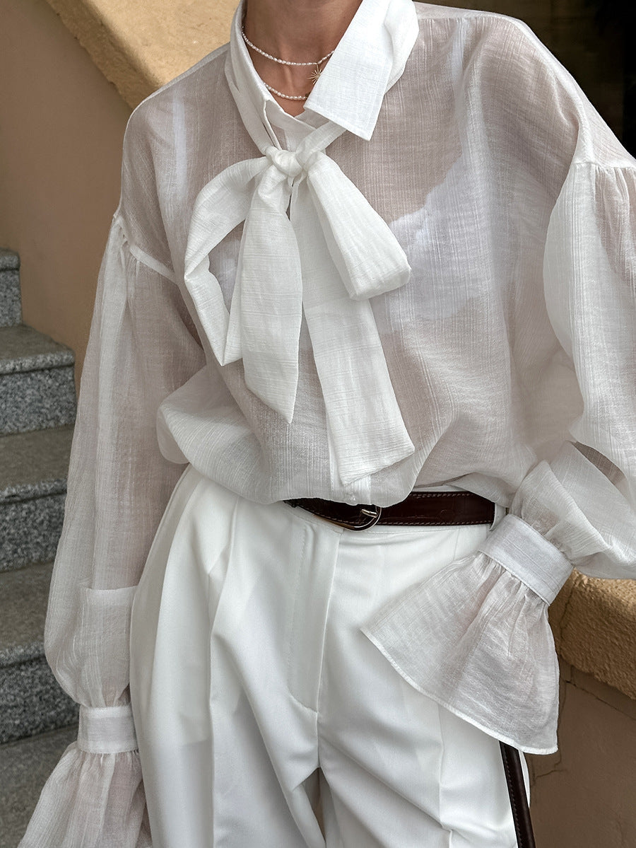 Spring and summer white shirt bow shirt top