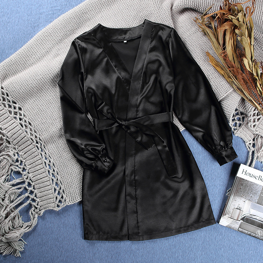 Sexy solid color long sleeve short nightgown