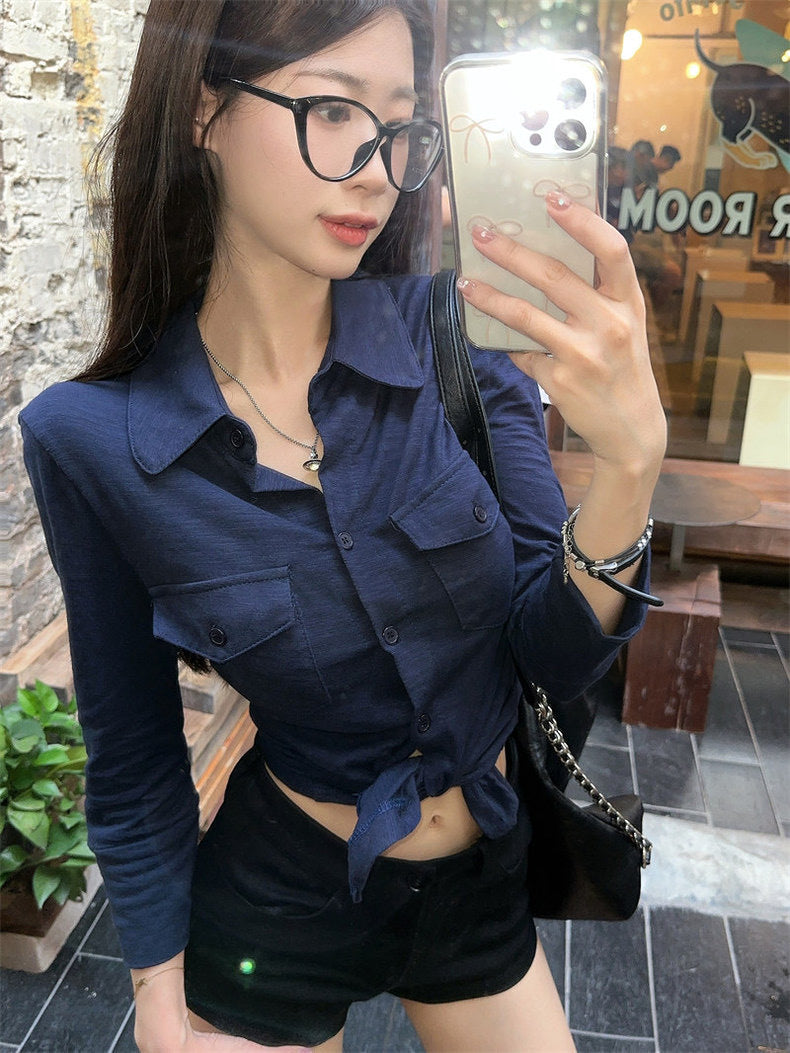 Pure sexy lapel long sleeve shirt