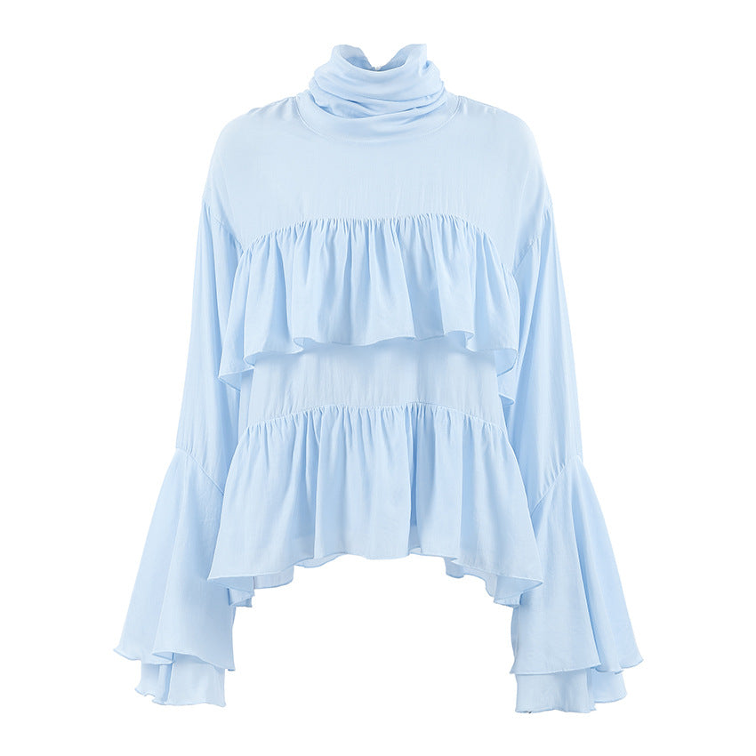 Blue high collar temperament trumpet sleeve ruffled ladies shirt