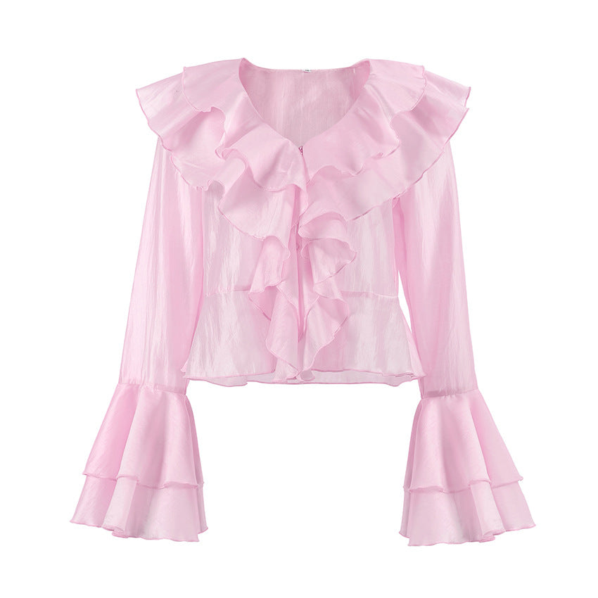 Summer Charm Pink Chiffon Sun Protection Clothes Temperament Layered Ruffles V-Neck Trumpet Sleeve Short Ladies Shirt