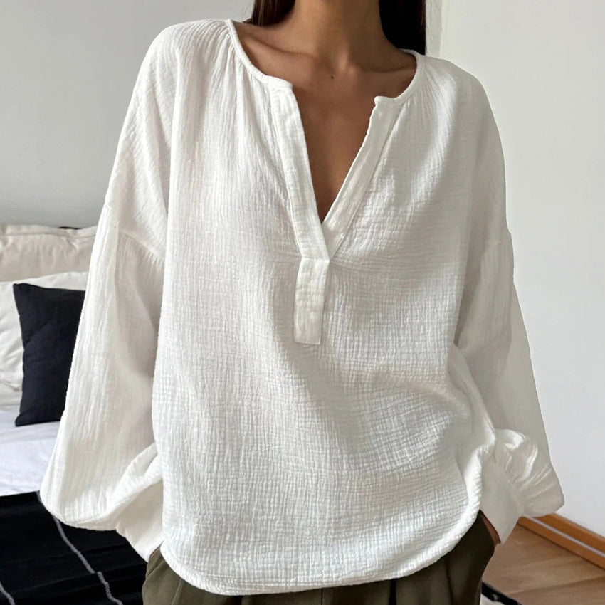 French balloon sleeve loose casual cotton crepe shirt