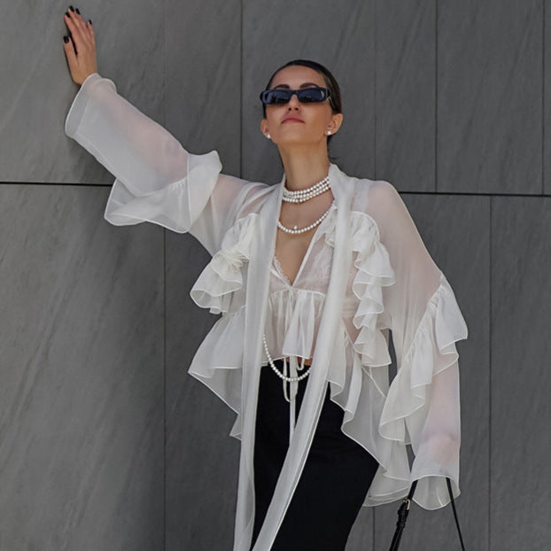 French spring and summer new style ruffled ribbon Tencel shirt