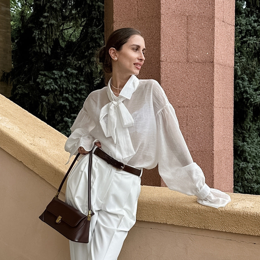 Spring and summer white shirt bow shirt top