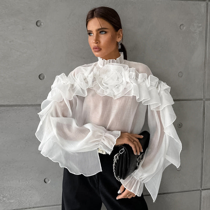 French style mesh small stand-up collar pullover layered ruffled shirt