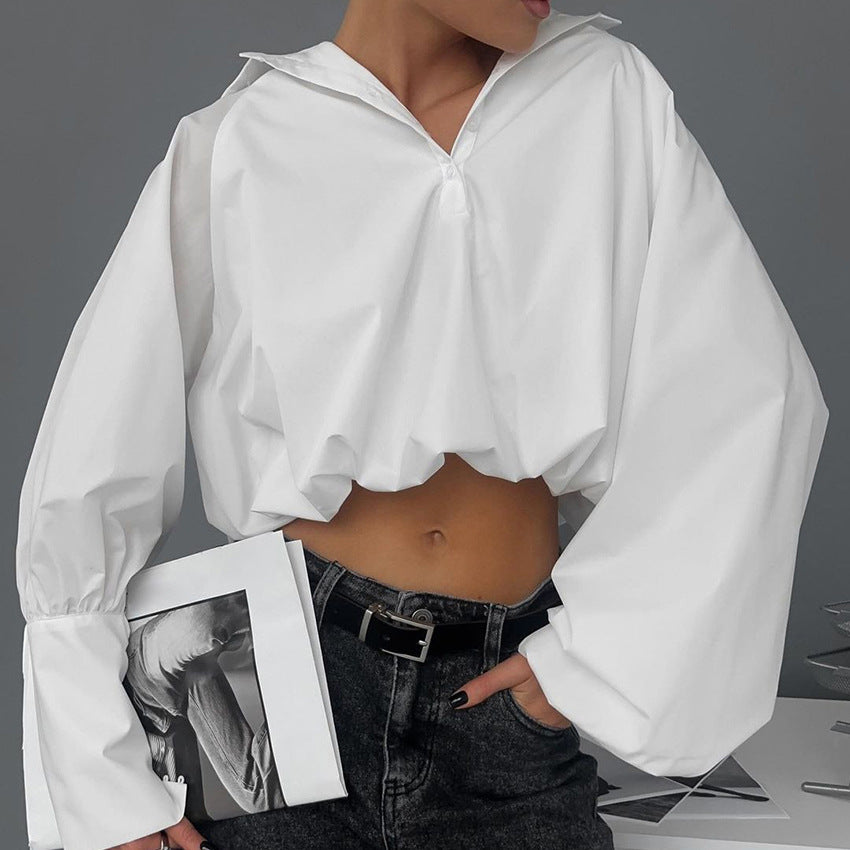 White lapel sexy navel-baring design asymmetric sleeve shirt