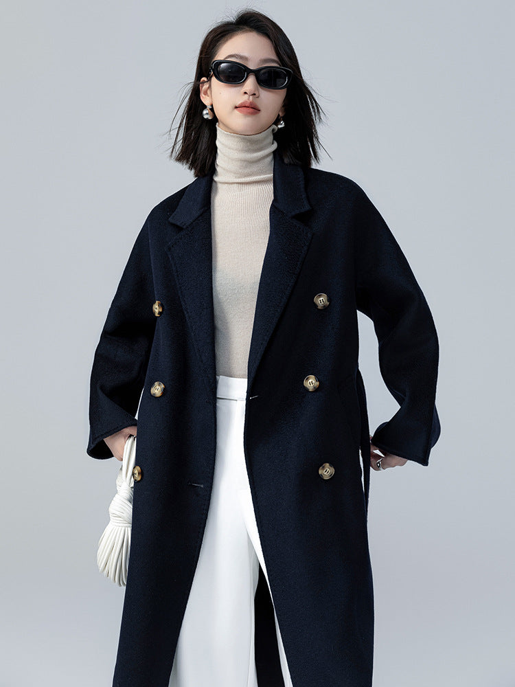 Double-breasted rippled double-faced cashmere coat