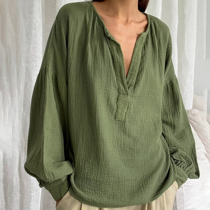French balloon sleeve loose casual cotton crepe shirt