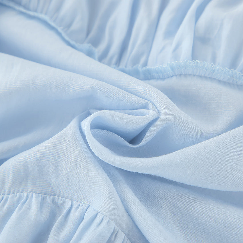 Blue high collar temperament trumpet sleeve ruffled ladies shirt