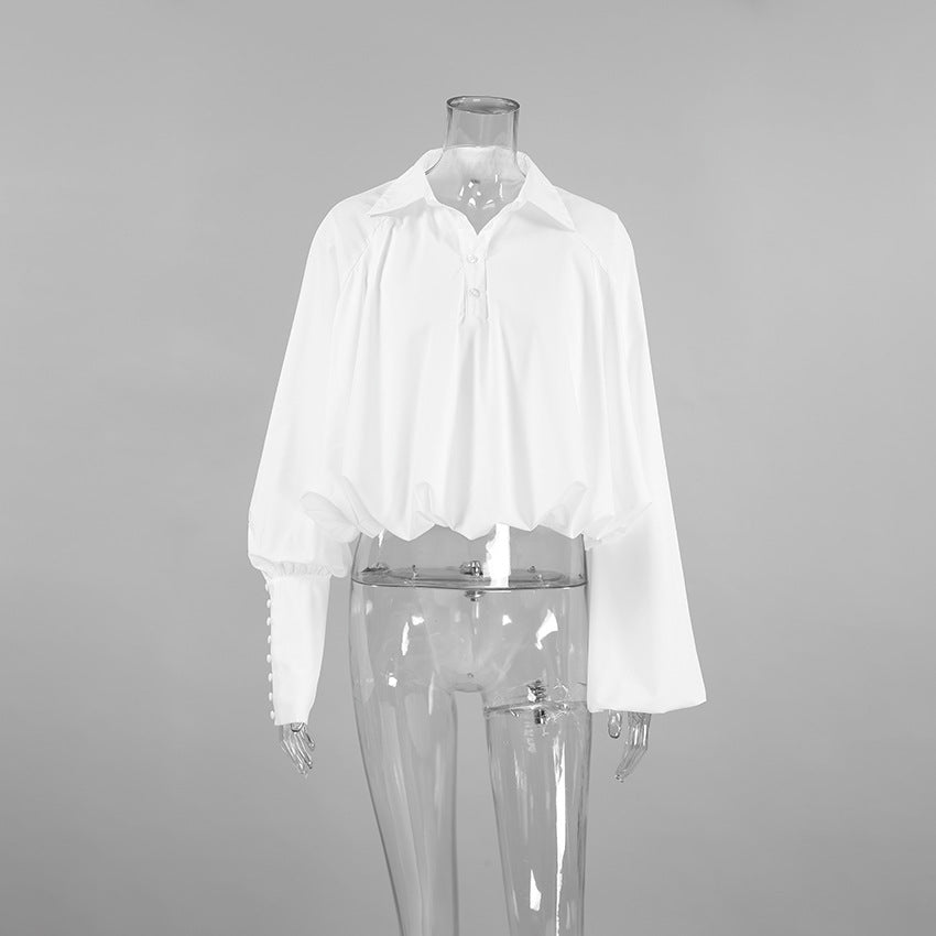 White lapel sexy navel-baring design asymmetric sleeve shirt