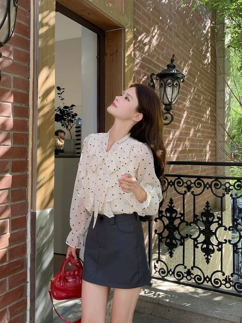 French high-end ruffled polka dot shirt