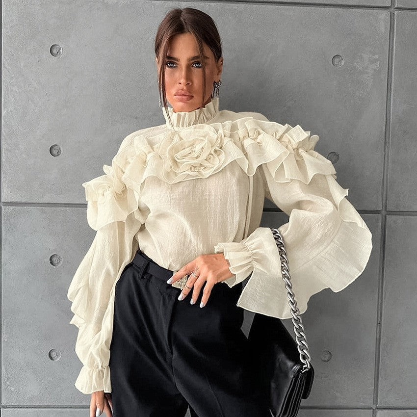 French style mesh small stand-up collar pullover layered ruffled shirt