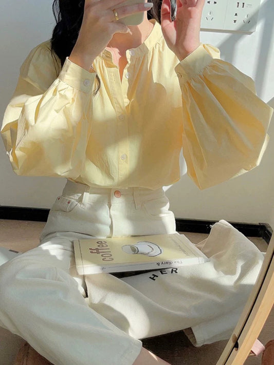 Spring and Autumn Cream Yellow Round Neck Long Sleeve Shirt
